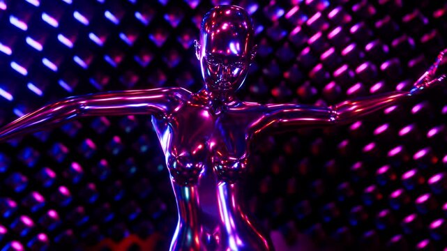 Futuristic metallic female robot dancing in a vibrant blue and purple neon glowing room seamless loop. 3D rendering