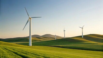 Fototapeta premium Wind turbines stand tall on rolling green hills under a clear sky, harnessing renewable energy in a serene rural landscape.