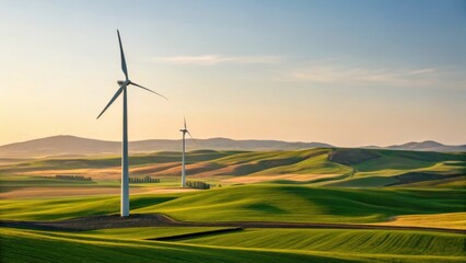 Obraz premium Two wind turbines stand tall over rolling green hills under a clear sky during sunset, symbolizing clean energy in a serene rural landscape.