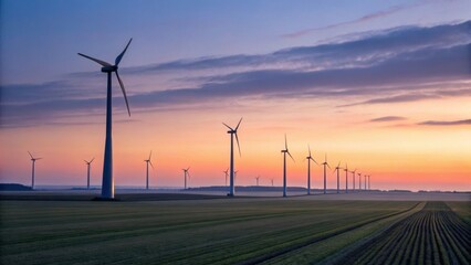 Obraz premium A row of wind turbines stands tall on a green field at sunset, generating clean energy under a colorful sky.