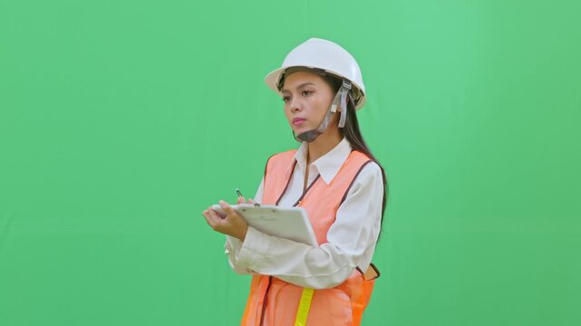 A focused female engineer in a white hard hat writing a serious safety report on a clipboard. Professional site documentation and inspection simulation on green screen.
