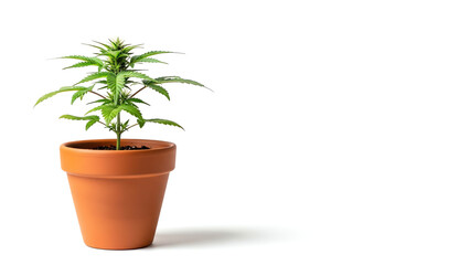 Fototapeta premium Cannabis Plant in a Terracotta Pot with Green Leaves on a White Background for Healthy Growth