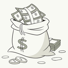 A money bag filled with cash and coins on a neutral background with a stack of bills © RUJINA