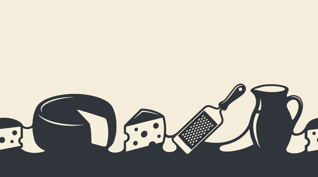 Cheese varieties, dairy items & grater in flat graphic border. Food preparation, deliciousness. Minimalist two-tone silhouette vector art, clean background.