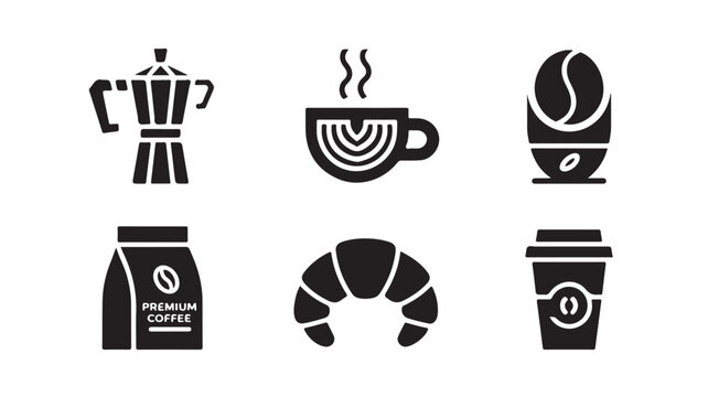 Coffee Icons Set with Espresso Maker, Roasted Beans, and Croissant; Minimalist Food and Beverage Vector Symbols for Cafe Branding
