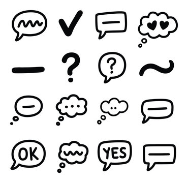 Collection of Hand-Drawn Speech Bubbles, Question Marks, and Symbols