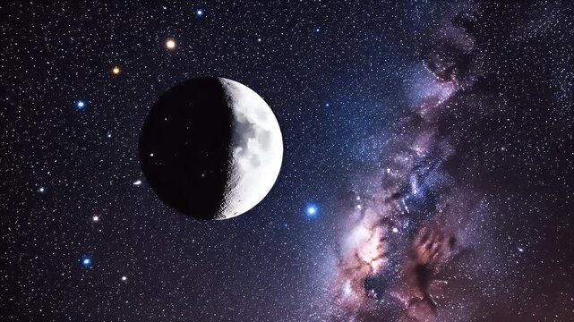 Crescent moon against vibrant starry sky and distant galaxy