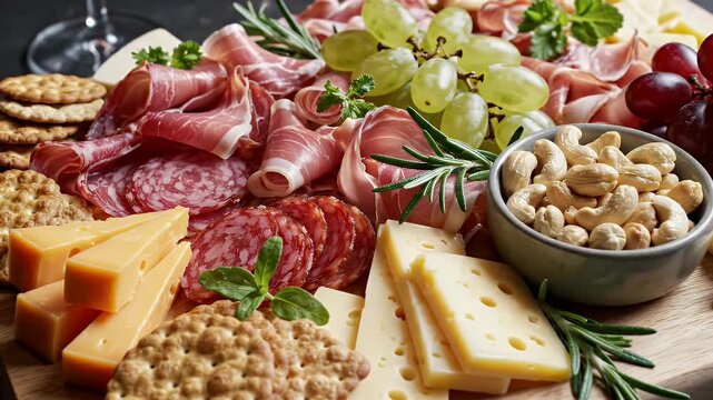 Delicious charcuterie board with cheese, meats, grapes, and nuts