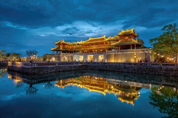 Naklejka premium Illuminated fortress reflecting in water at dusk. Ornate architecture, evening lights