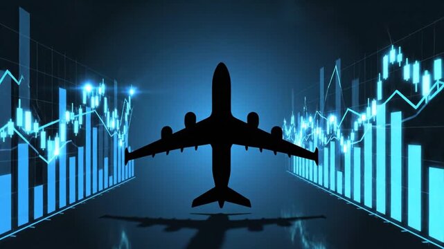 Airplane silhouette flying over digital financial charts