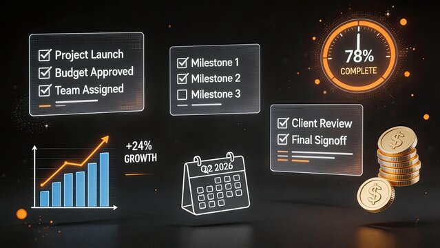 Project Launch Checklist with Milestones and Budget Approval Growth Chart and Calendar for Q2 2026 Client Review and Final Signoff 78 Percent Complete Progress Bar and Dollar Coins