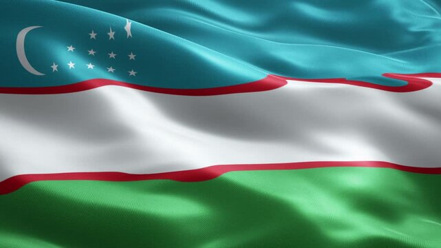 Uzbekistan Flag Seamless Loop Animation with Crescent and Stars, Waving Fabric