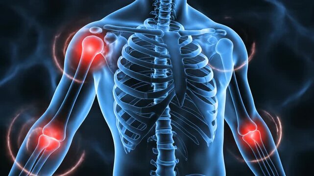 Human skeletal system with highlighted joints indicating pain or injury, medical visualization