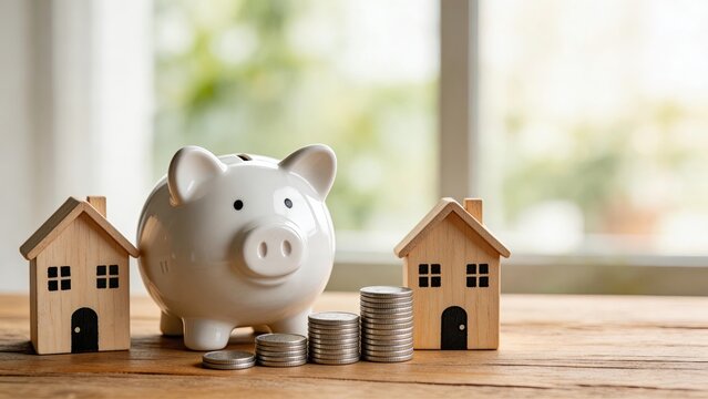 White ceramic piggy bank with wooden houses and coin stacks on table symbolizing home savings mortgage investment property finance real estate wealth family budget financial