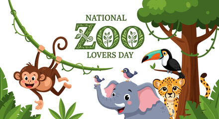 Naklejka premium Vector illustration of various exotic zoo animals celebrating National Zoo Lovers Day with a jungle background