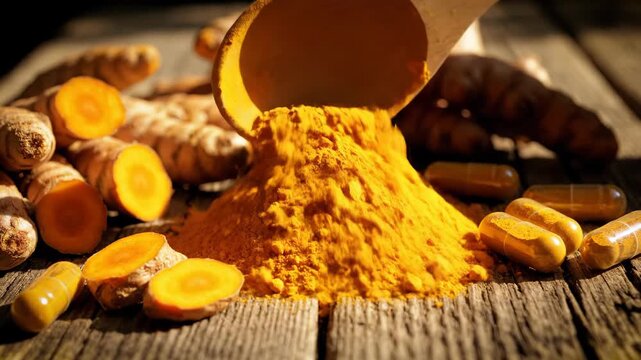 Vibrant Turmeric Powder and Roots, a Natural Health and Culinary Spice
