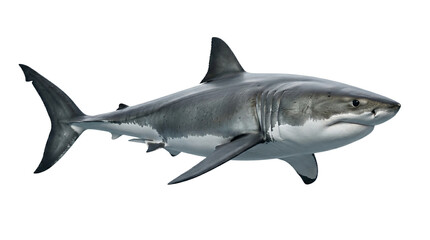 Fototapeta premium Great white shark swimming, side view, powerful marine predator, isolated on white