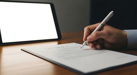 Fototapeta premium Signing Agreement Document with Digital Tablet