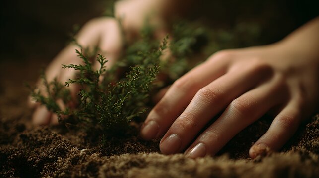 Hands resting lightly on soil near a growing plant, minimal natural environment with smooth background blur, soft ambient lighting enhancing calmness, close-up shot with an 85mm lens, organic aestheti