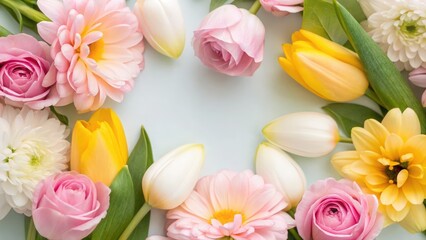Fototapeta premium Spring Seasonal A colorful floral arrangement with pink roses, yellow tulips, and various other flowers surrounding a blank center space.