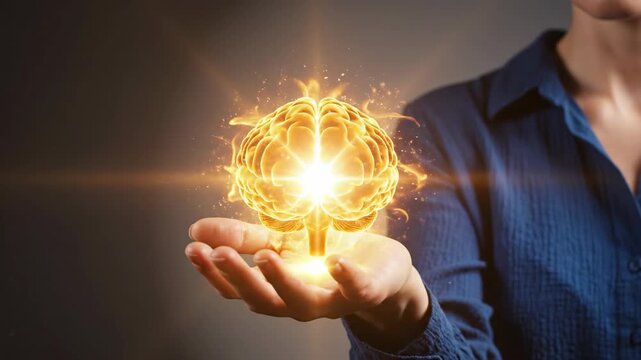 Human brain glowing with energy and light held in a person's hand, representing creativity, intelligence, and new ideas