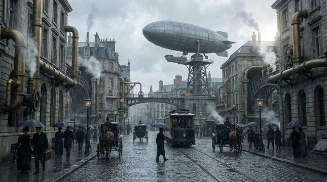 Steampunk metropolis scene showcasing a bustling Victorian-era city street with towering buildings people horse-drawn carriages and a majestic airship dominating the overcast sky embodying a retro-fut