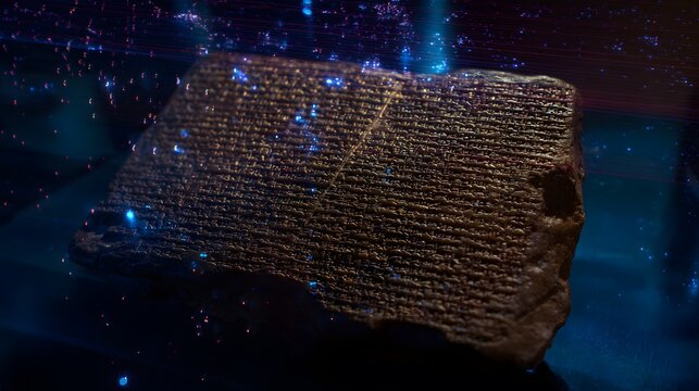 Ancient secrets revealed laser light illuminates cuneiform inscriptions in a mysterious laboratory setting