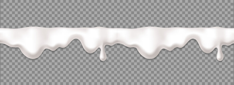 Seamless cream or milk drip border. White ice cream melting texture. Realistic vector liquid yogurt drop