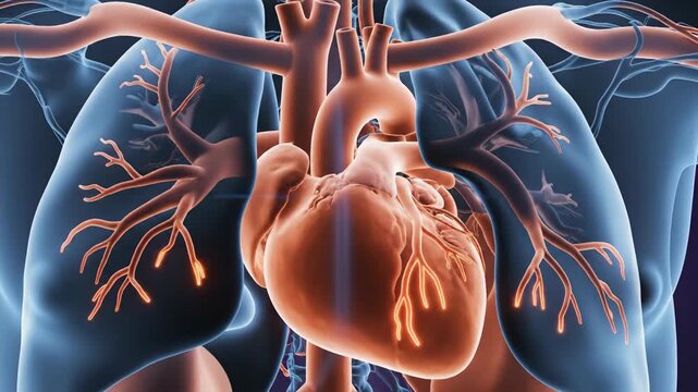Anatomical illustration of the human heart with lungs, highlighting the circulatory and respiratory systems for medical and scientific purposes