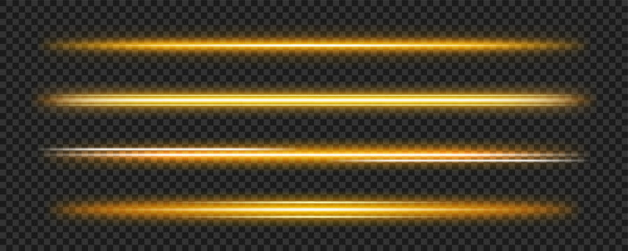 Golden light beam set. Vector gold dividers, laser effect with transparency. Christmas lights, horizontal bar with shining