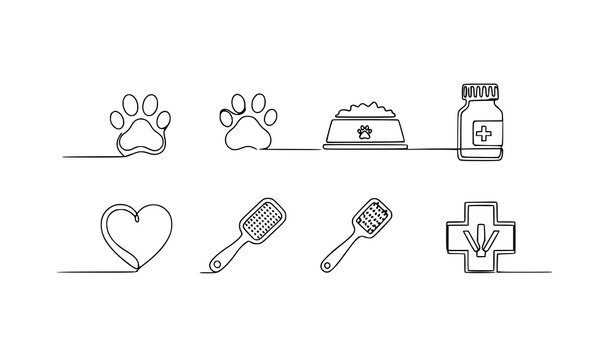 Minimalist continuous line animal care icon pack veterinary pet treatment vector illustration