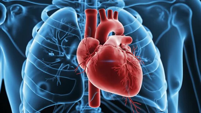 Anatomical illustration of the human heart and lungs in blue glow