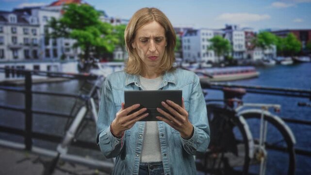 Woman holding tablet with both hands and tapping with thumbs, wearing denim jacket beside a bicycle on a street by a canal and row of buildings; concentration.
