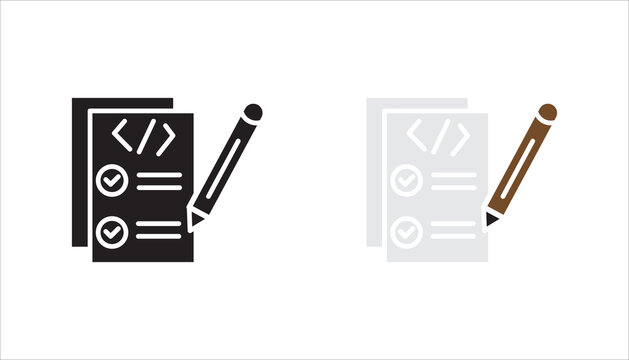 Document with code symbol and checklist with pencil line icon. Outline symbol representing code review, task checklist, software documentation, and development workflow.
