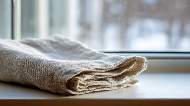 Folded natural fabric textile on window sill with soft ambient lighting