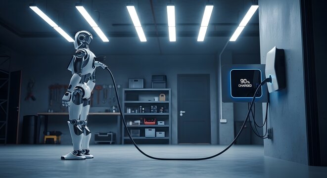 Futuristic robot charging in modern industrial garage with sleek design.