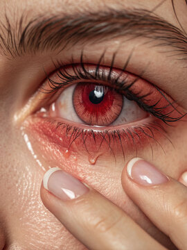 Close up irritated red eye with tear and finger touching skin