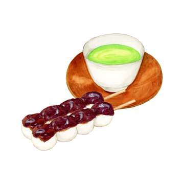 手描き水彩のあんだんごと茶托付き緑茶, Hand-painted watercolor An Dango with green tea on a saucer