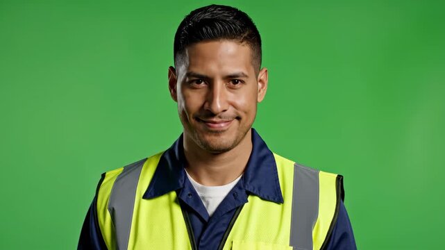 Male construction worker in safety vest smiling on green screen