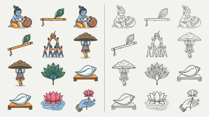 Collection of Krishna-themed illustrations featuring the deity playing the flute, holding a conch, and other religious symbols, presented in both colored and line-art versions. © renender