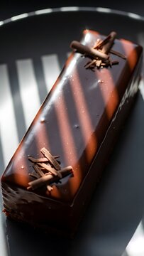 Decadent chocolate rectangle cake on a plate with chocolate shaves