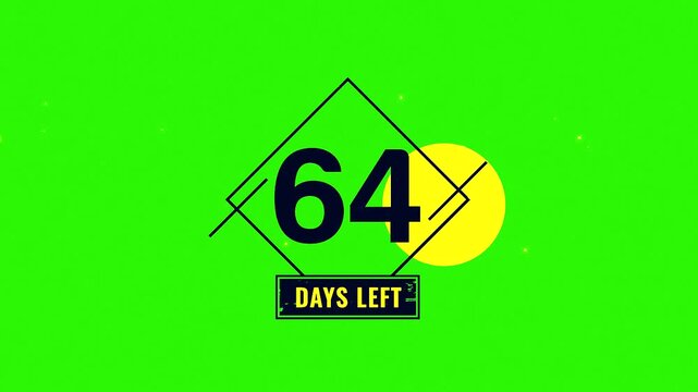 64 Days Left, Number sixtyfour in a diamond shape with a rectangle on a green background with yellow dots