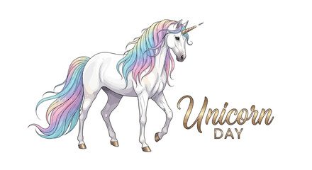 Illustration of a white unicorn with a rainbow mane and tail, celebrating National Unicorn Day with a whimsical design on a clean white background. © Rahmat