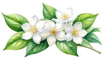 Fototapeta premium A floral arrangement with white flowers and green leaves on a stem