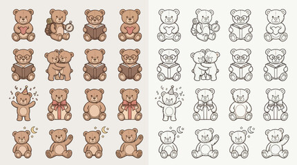 Fototapeta premium Collection of cute teddy bear illustrations in various poses and activities, presented in both color and outline versions.
