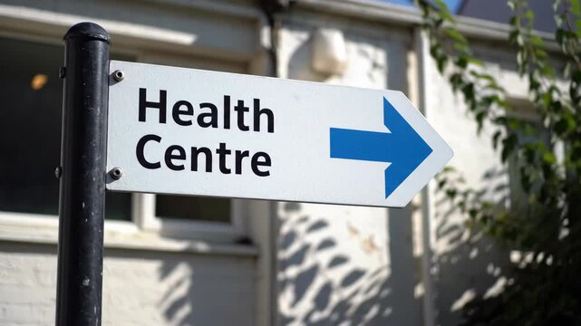 Signpost to a Health Centre with a Blue Arrow