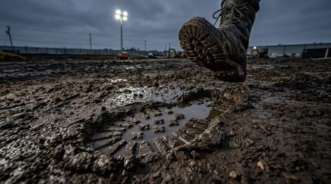 Grime-covered steel toe boot treads deeply into muddy ground, leaving a prominent footprint.