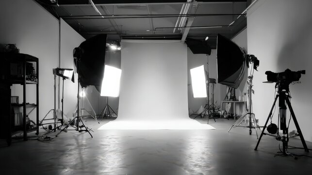 Professional photography studio setup with lighting equipment and backdrop