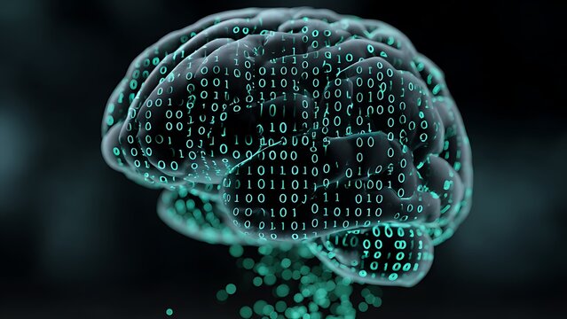 Human profile with digital brain made of binary code representing artificial intelligence and machine learning concept