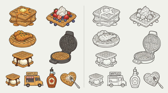 Collection of illustrated waffle-based dishes, including sweet and savory options, alongside a waffle maker and condiments.